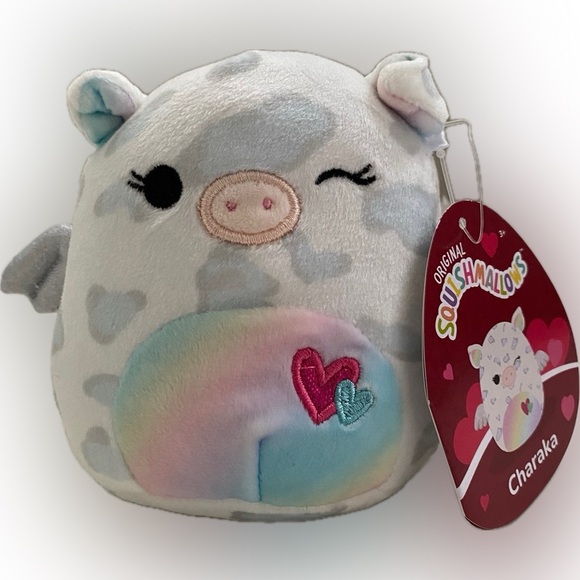 Nwt 🐽 5" Charaka Squishmallow Wink Flying Pig Valentine Hearts Metallic Wings - Picture 1 of 5